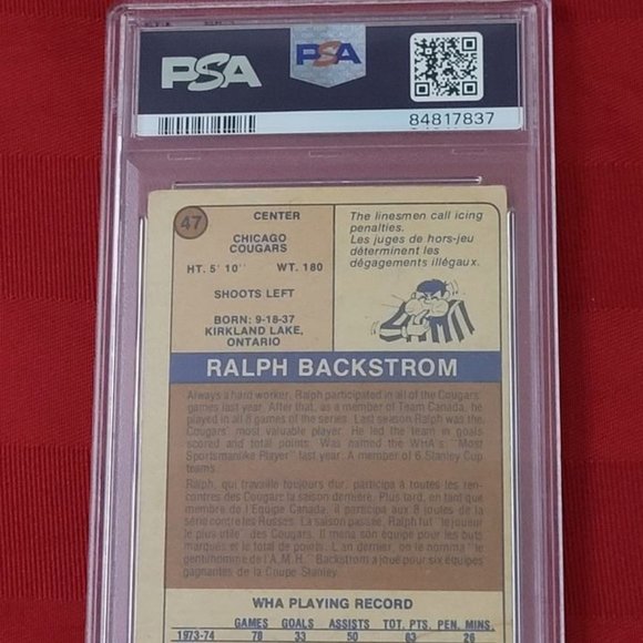 GRADED AND SEALED, 1974 O PEE CHEE, W.H.A. RALPH BACKSTROM CHICAGO COUGARS CARD! - Picture 4 of 4